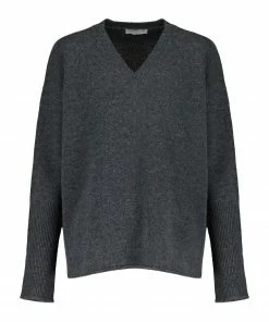 MAJESTIC FILATURES Pull Col V Laine Cachemire Gris Chiné