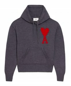AMI PARIS Pull Hoodie Unisexe Ami De Cœur Laine Gris Rouge