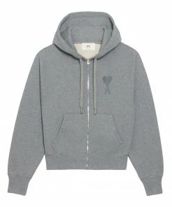 AMI PARIS Sweatshirt Hoodie Zippé Unisexe Ami De Cœur Coton Gris Chiné