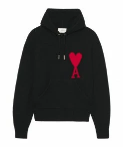 AMI PARIS Pull Hoodie Unisexe Ami De Cœur Laine Noir Rouge