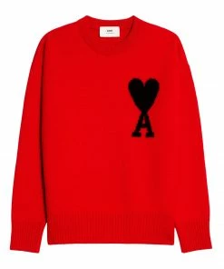 AMI PARIS Pull Unisexe Oversize Ami De Cœur Col Rond Laine Rouge Noir