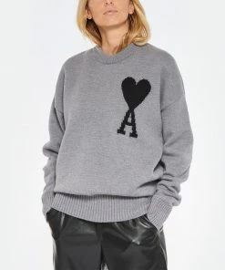 AMI PARIS Pull Unisexe Oversize Ami De Cœur Col Rond Laine Gris Noir -Boutique MAJESTIC FILATURES unnamed file 175