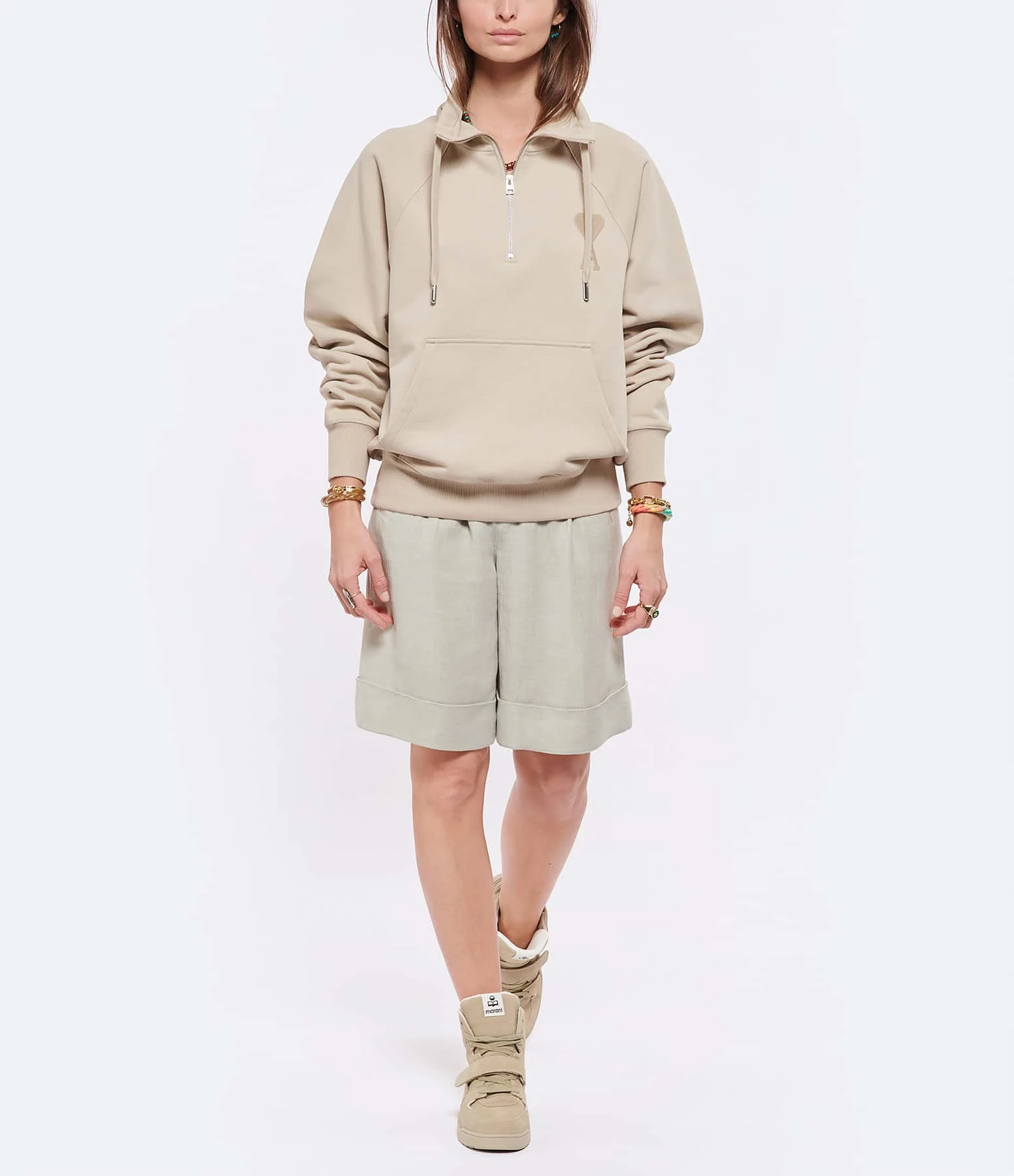 AMI PARIS Sweatshirt Zippé Unisexe Ami De Cœur Coton Biologique Beige 5 AMI PARIS Sweatshirt Zippé Unisexe Ami De Cœur Coton Biologique Beige – Image 3