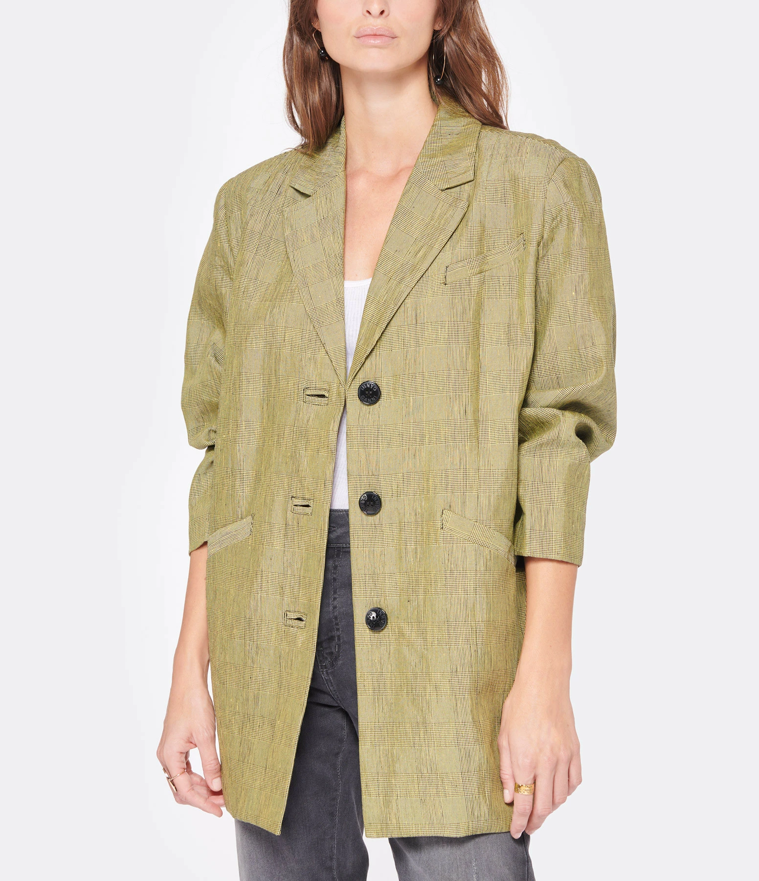 GANNI Veste Blazer Slub Check Kaki 4 GANNI Veste Blazer Slub Check Kaki – Image 2