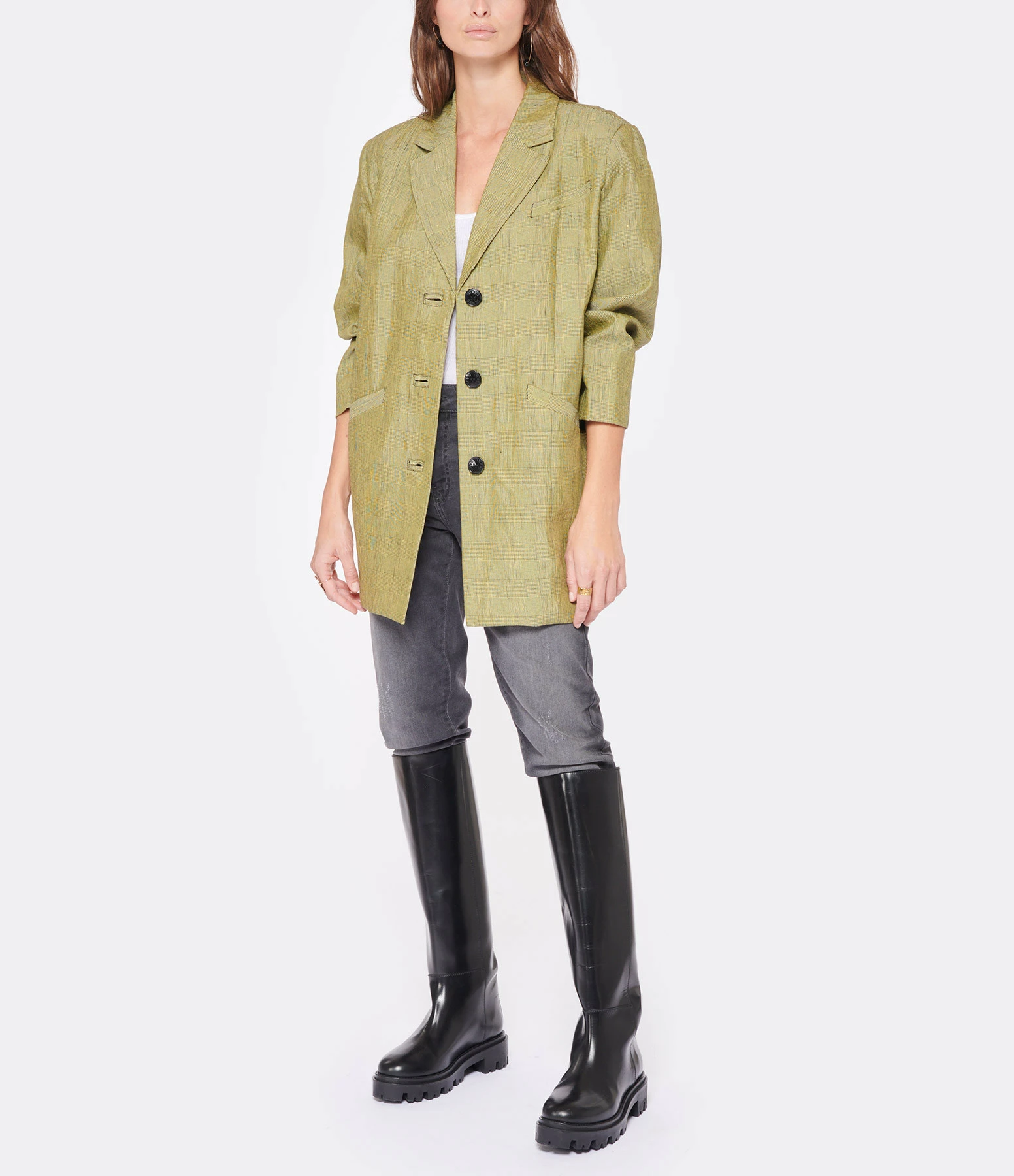 GANNI Veste Blazer Slub Check Kaki 5 GANNI Veste Blazer Slub Check Kaki – Image 3
