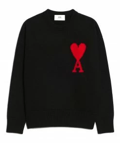 AMI PARIS Pull Unisexe Oversize Ami De Cœur Col Rond Laine Noir Rouge