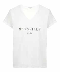 Tee-shirt Lulli Marseille Col V Coton Bio Blanc, Collaboration Jeanne Vouland X Lulli
