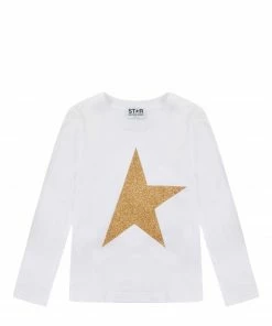 GOLDEN GOOSE Tee-shirt Enfant Star Manches Longues Coton Blanc Doré