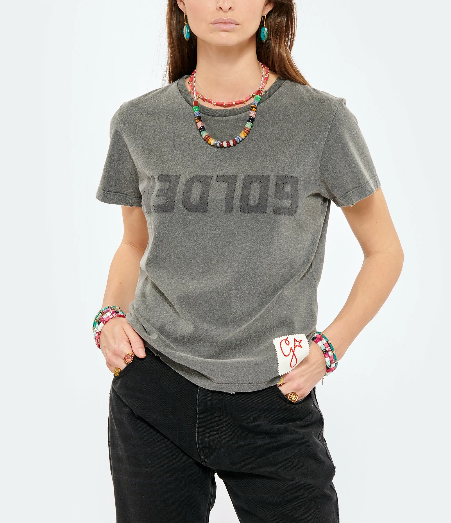 GOLDEN GOOSE Tee-shirt Golden Patch Coton Anthracite 5 GOLDEN GOOSE Tee-shirt Golden Patch Coton Anthracite – Image 3