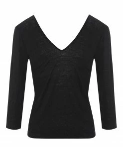 MAJESTIC FILATURES Tee-shirt Manches 3/4 Col V Lin Noir