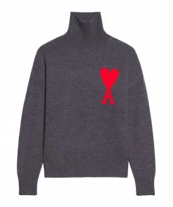 AMI PARIS Pull Unisexe Ami De Cœur Laine Gris Rouge