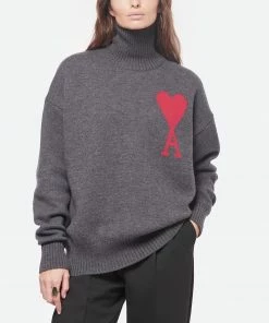 AMI PARIS Pull Unisexe Ami De Cœur Laine Gris Rouge -Boutique MAJESTIC FILATURES unnamed file 632