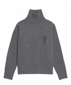 AMI PARIS Pull Col Roulé Unisexe Ami De Cœur Laine Gris Chiné