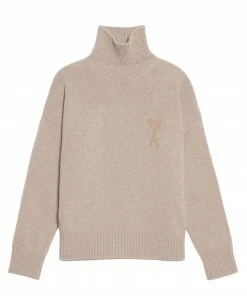 AMI PARIS Pull Col Roulé Unisexe Ami De Cœur Laine Beige