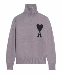 AMI PARIS Pull Unisexe Ami De Cœur Laine Gris Noir