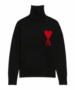 AMI PARIS Pull Unisexe Ami De Cœur Laine Noir Rouge